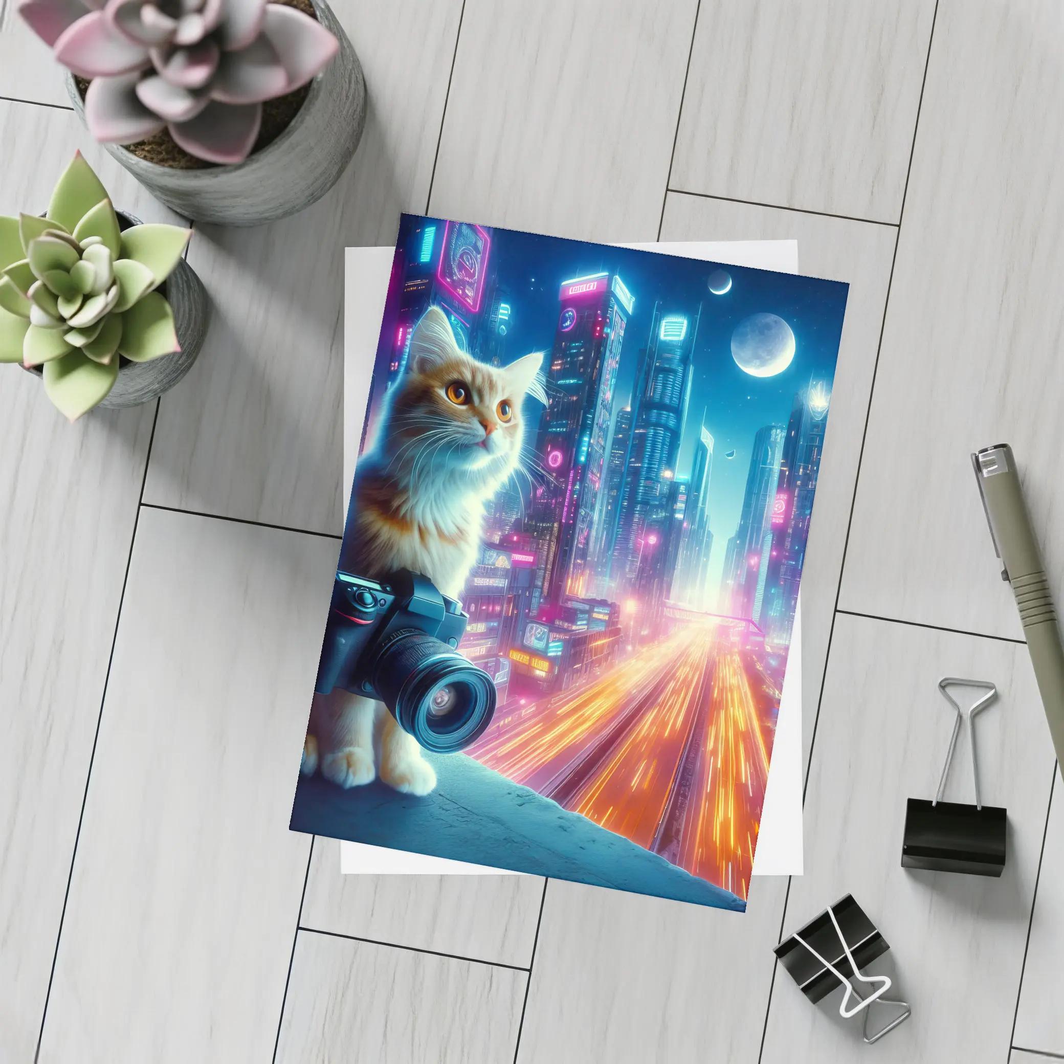 Cat Photographer Neon Cyberpunk City Night – Postcards