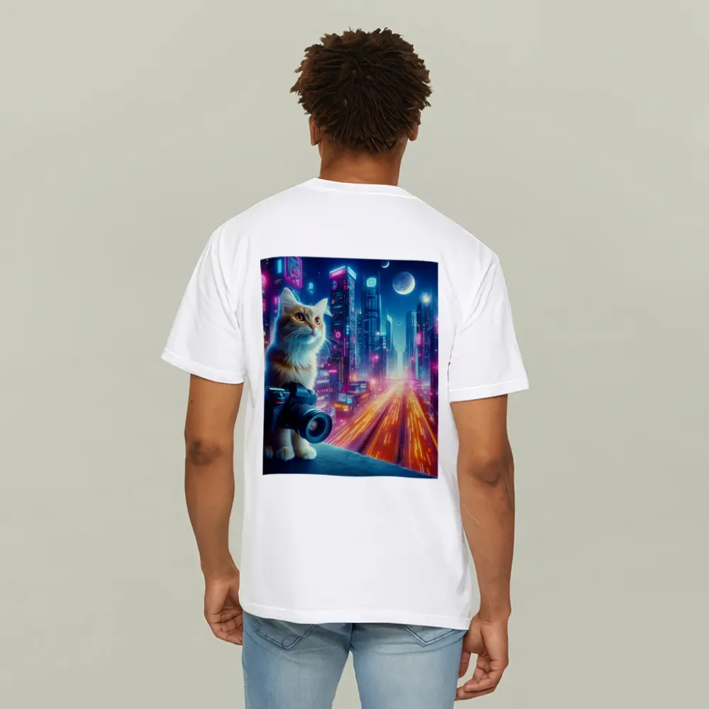 Cat Photographer Neon Cyberpunk City Night – T-Shirts