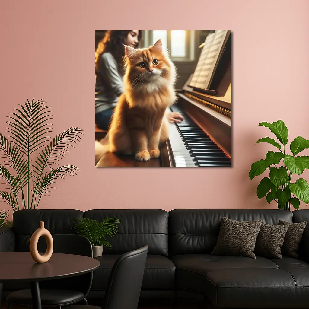 Orange Fluffy Cat Sitting On Piano Keys – Wall Art