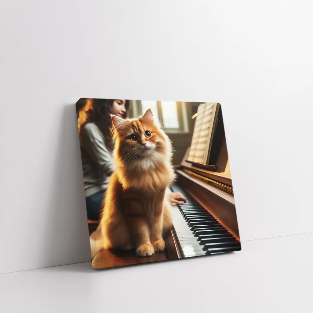 Orange Fluffy Cat Sitting On Piano Keys – Wall Art
