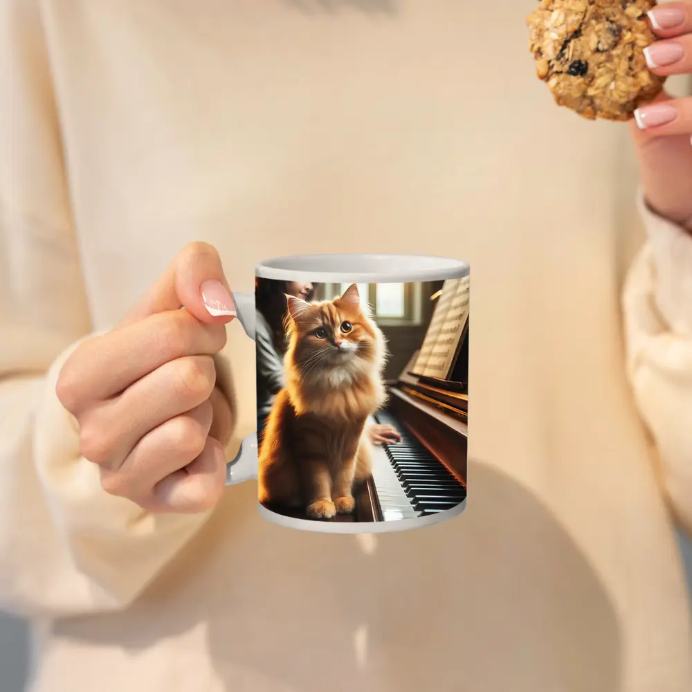 Orange Fluffy Cat Sitting On Piano Keys – Mugs