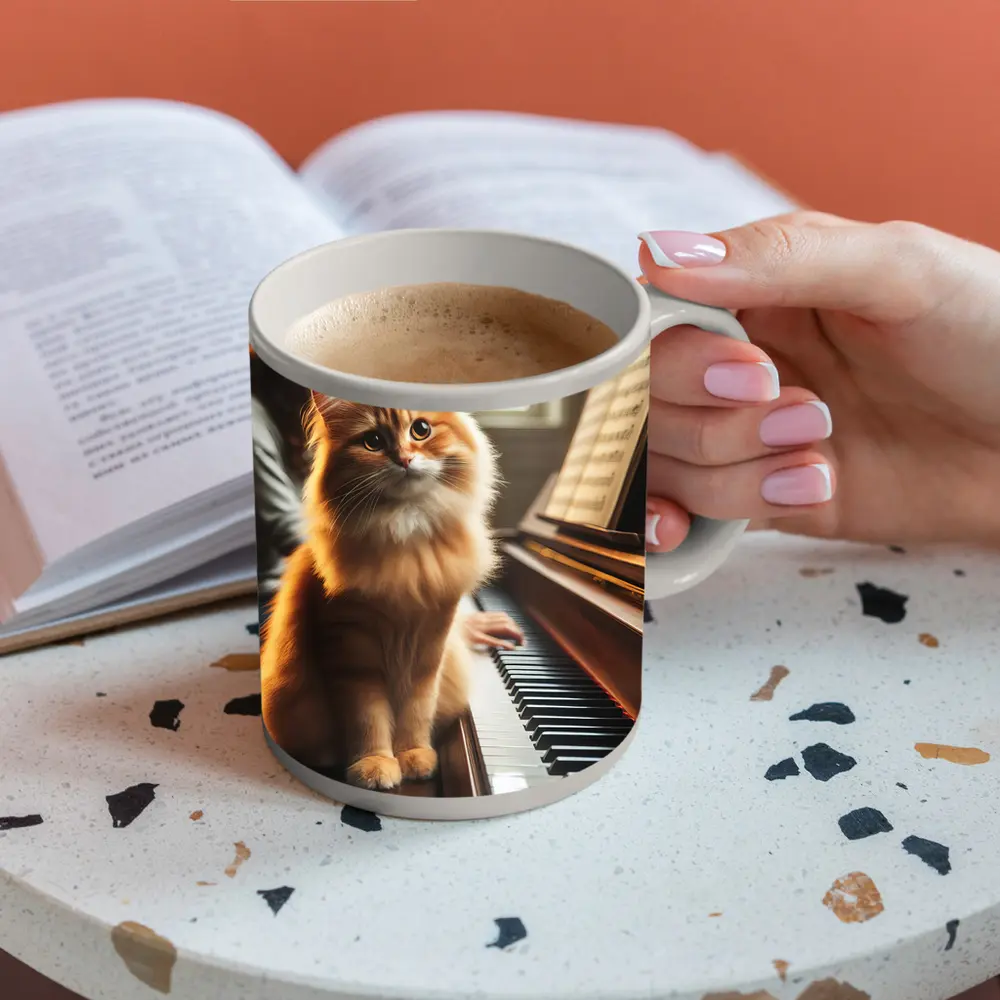 Orange Fluffy Cat Sitting On Piano Keys – Mugs