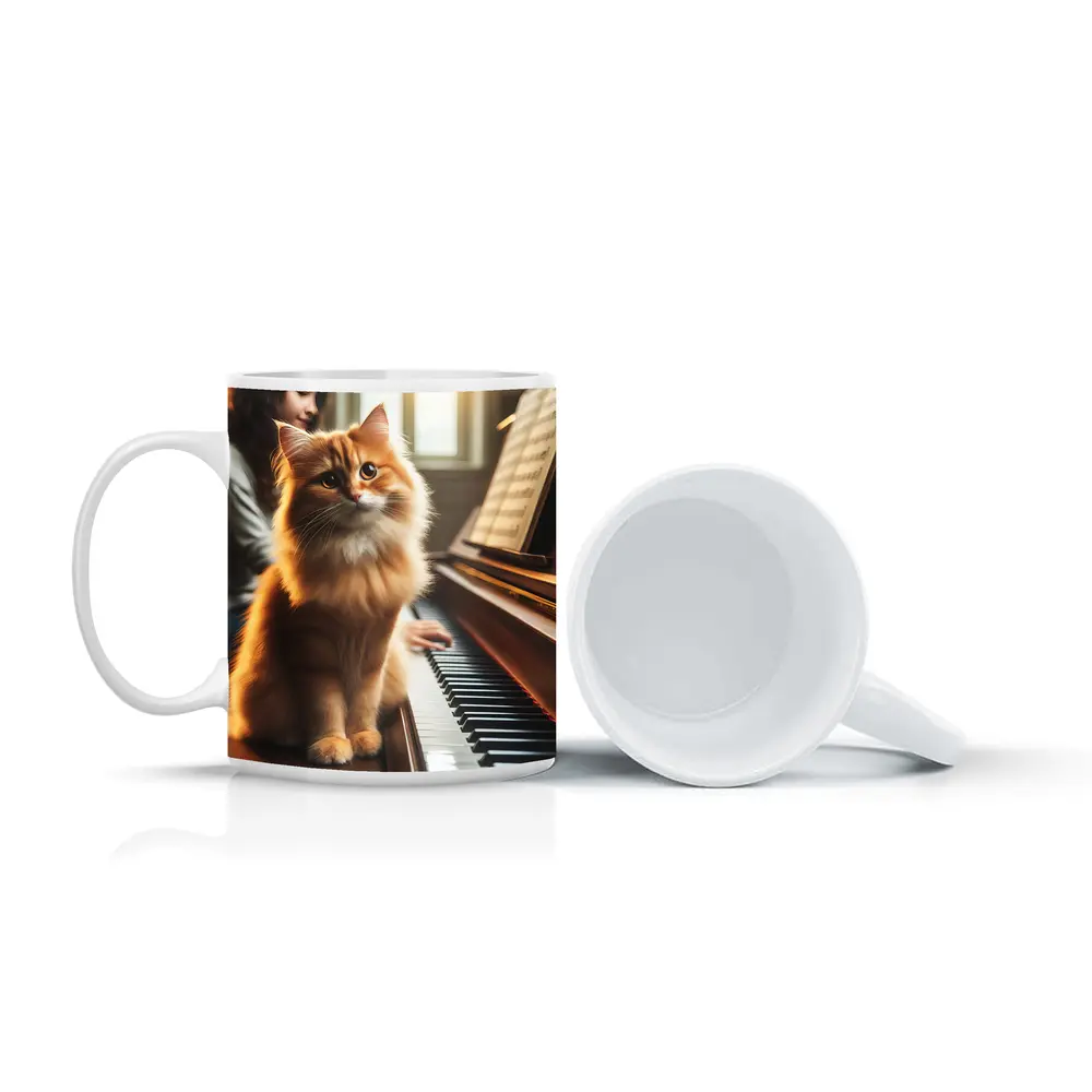 Orange Fluffy Cat Sitting On Piano Keys – Mugs