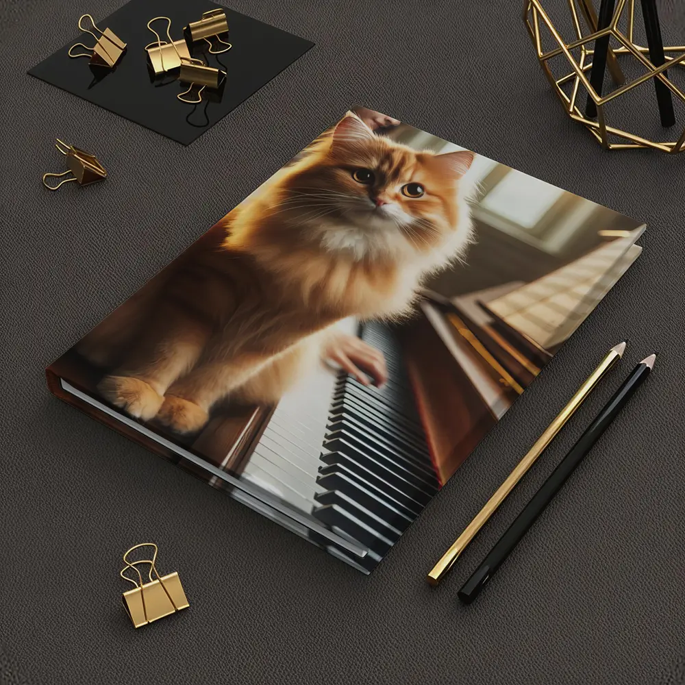 Orange Fluffy Cat Sitting On Piano Keys – Notebooks