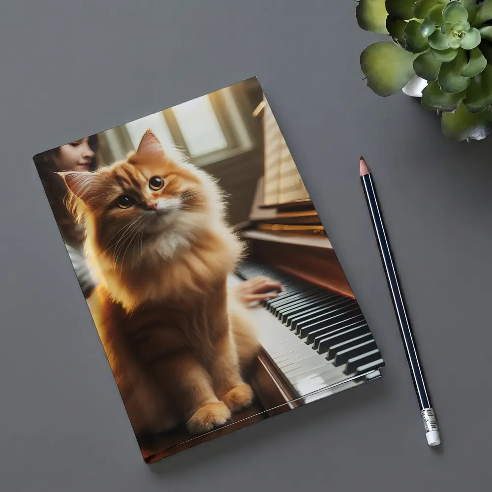 Orange Fluffy Cat Sitting On Piano Keys – Notebooks
