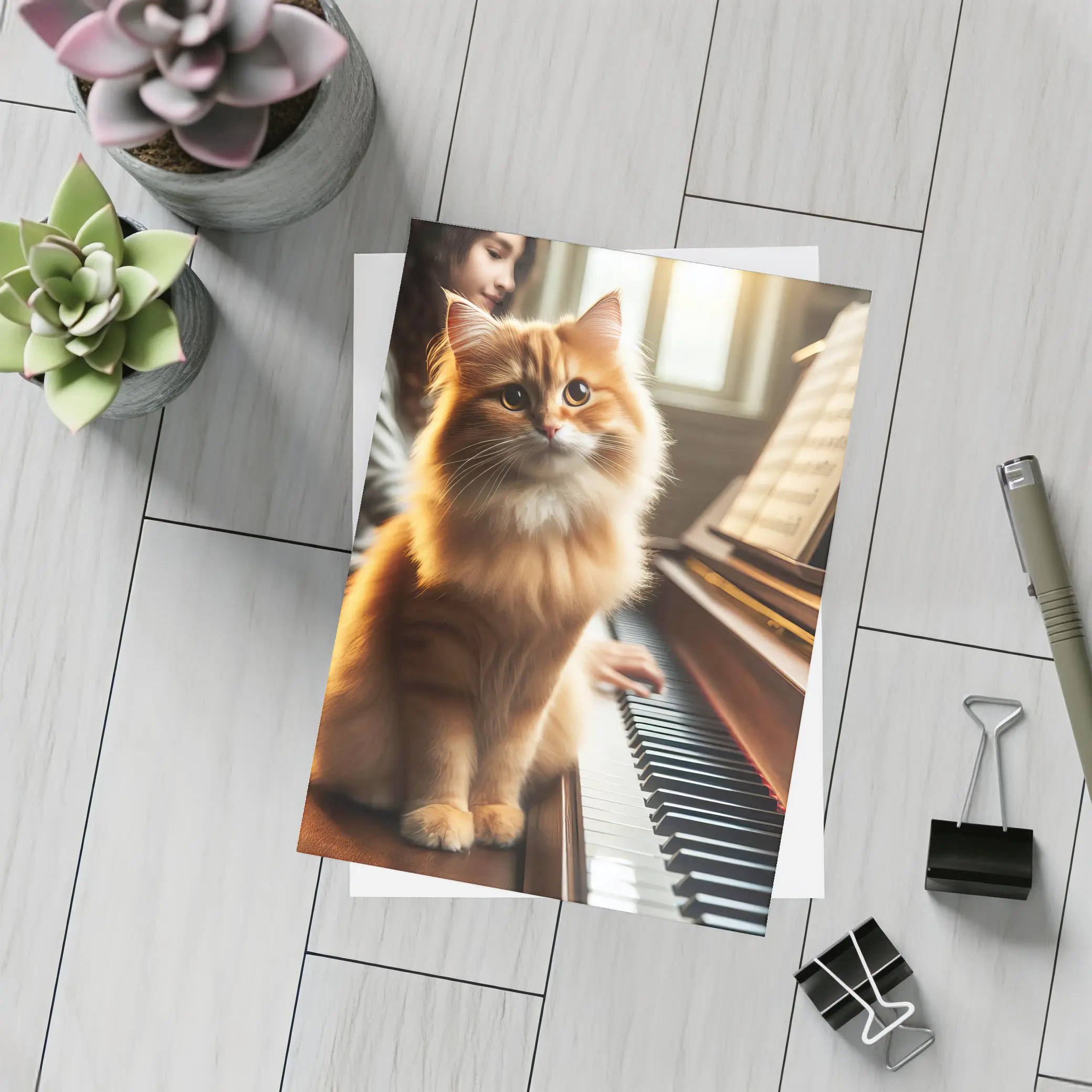 Orange Fluffy Cat Sitting On Piano Keys – Postcards