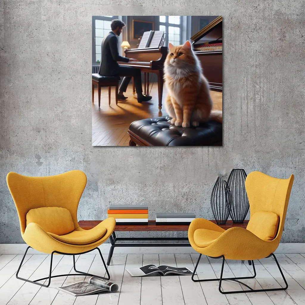 Orange Cat Sitting by Grand Piano – Wall Art