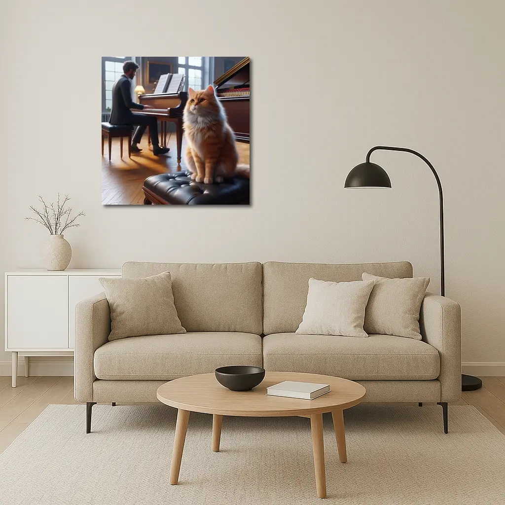 Orange Cat Sitting by Grand Piano – Wall Art