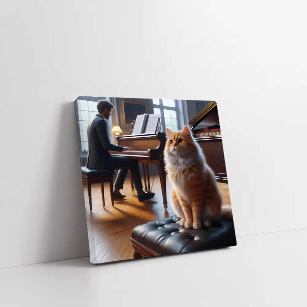 Orange Cat Sitting by Grand Piano – Wall Art