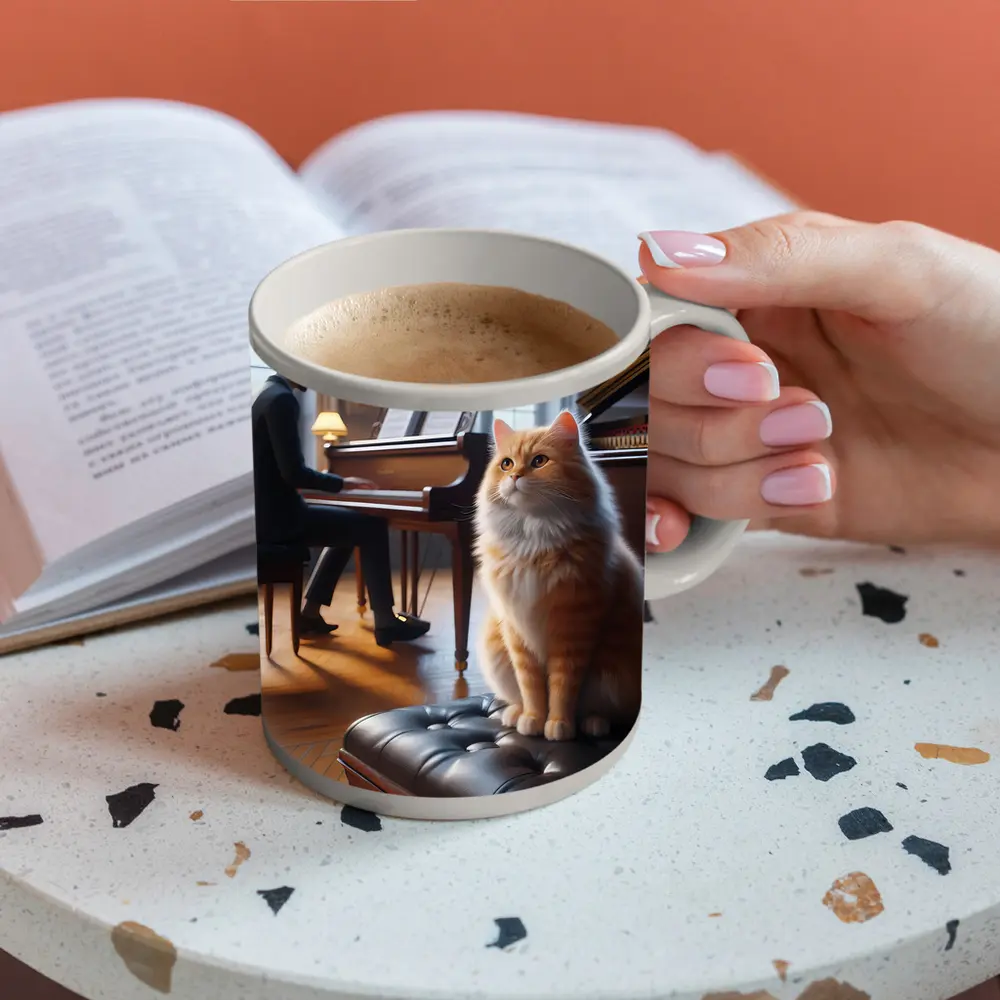 Orange Cat Sitting by Grand Piano – Mugs