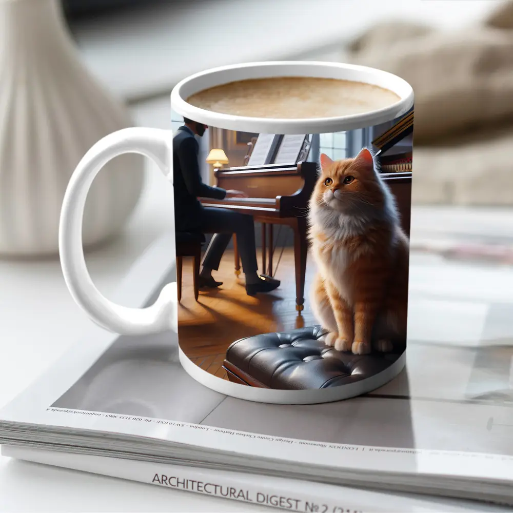 Orange Cat Sitting by Grand Piano – Mugs