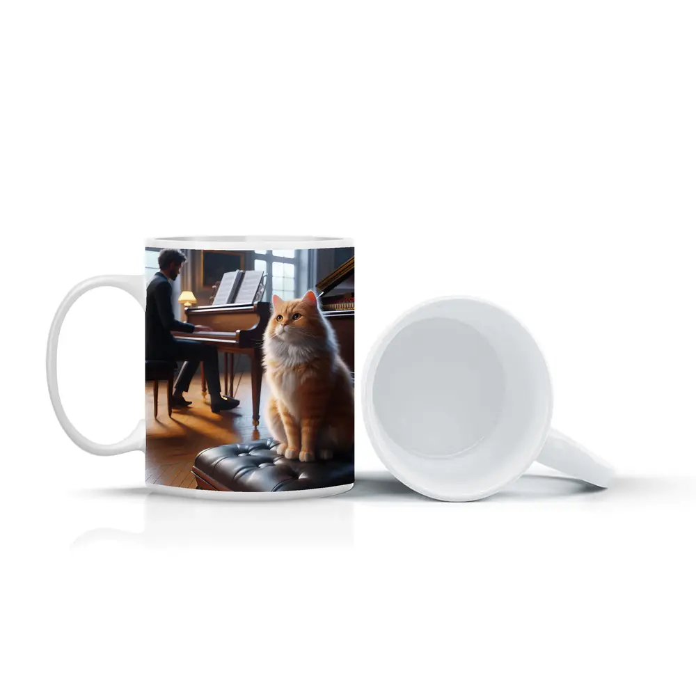 Orange Cat Sitting by Grand Piano – Mugs