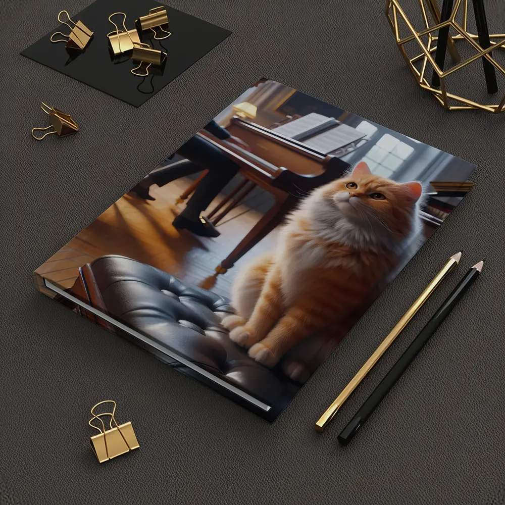 Orange Cat Sitting by Grand Piano – Notebooks