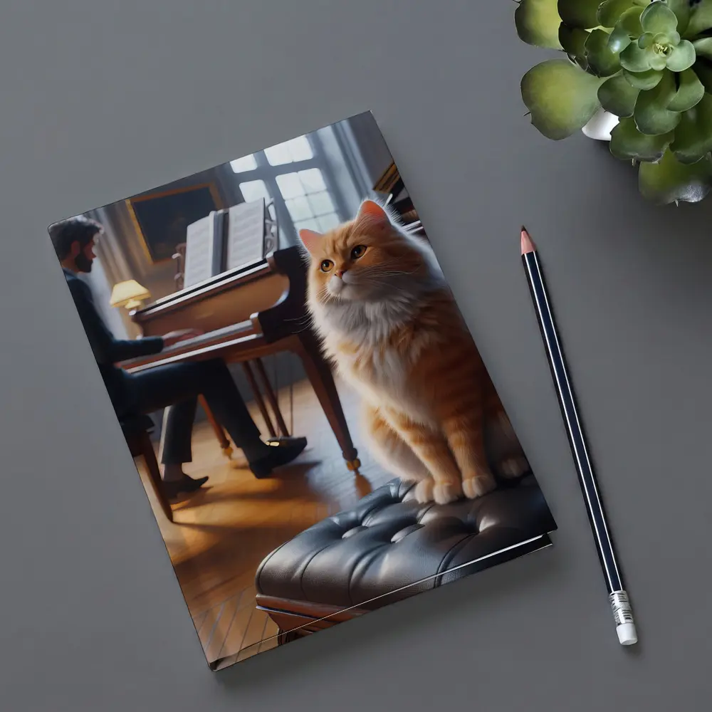 Orange Cat Sitting by Grand Piano – Notebooks