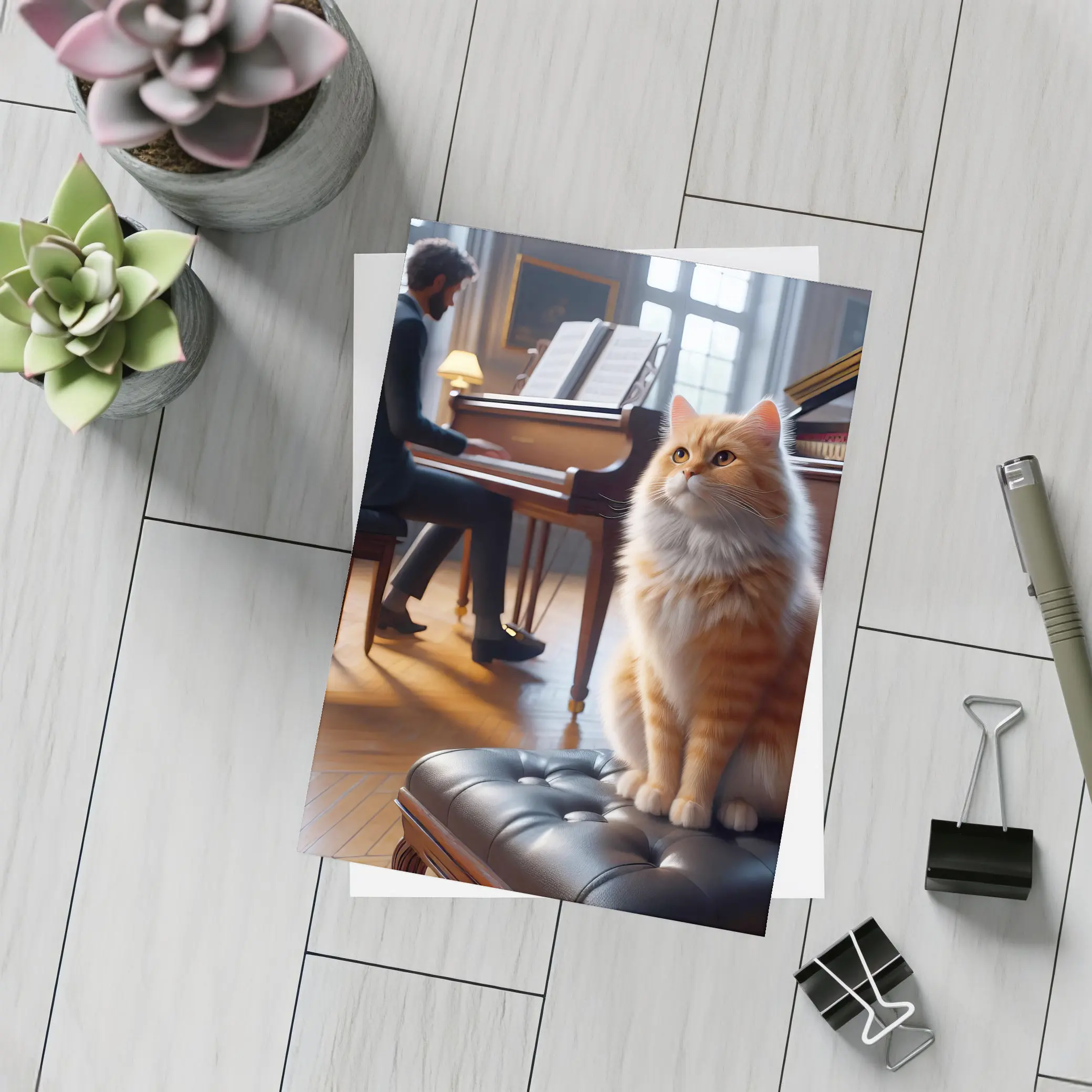 Orange Cat Sitting by Grand Piano – Postcards