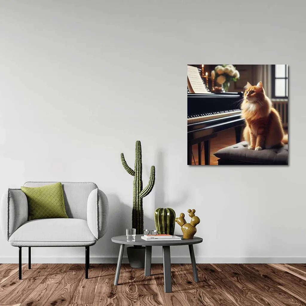 Orange Cat Sitting by Grand Piano – Wall Art
