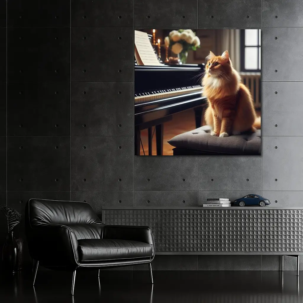 Orange Cat Sitting by Grand Piano – Wall Art