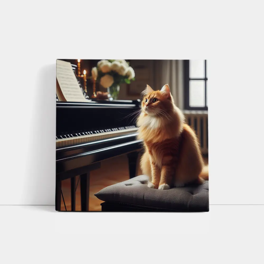 Orange Cat Sitting by Grand Piano – Wall Art