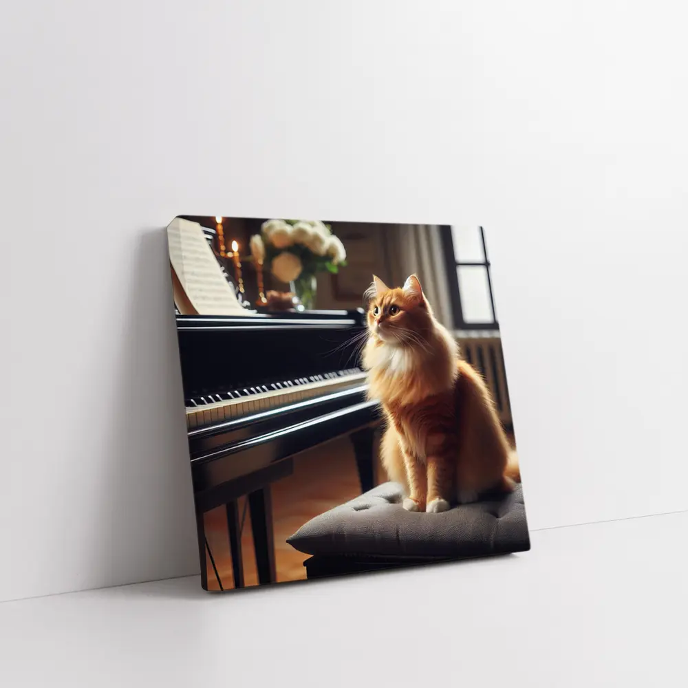 Orange Cat Sitting by Grand Piano – Wall Art