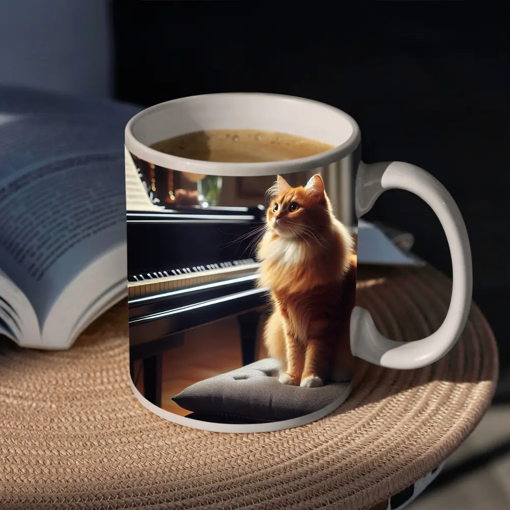 Orange Cat Sitting by Grand Piano – Mugs