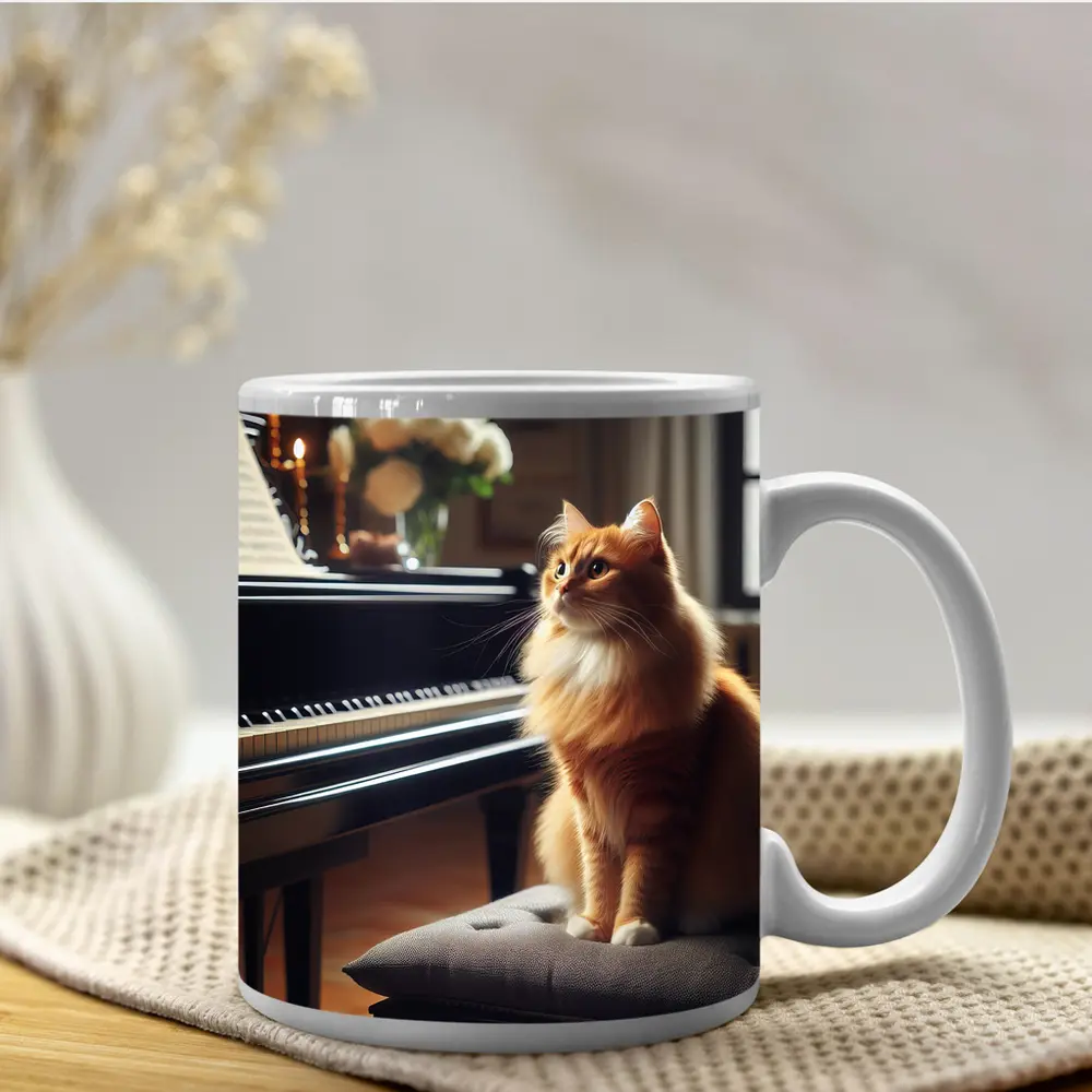 Orange Cat Sitting by Grand Piano – Mugs