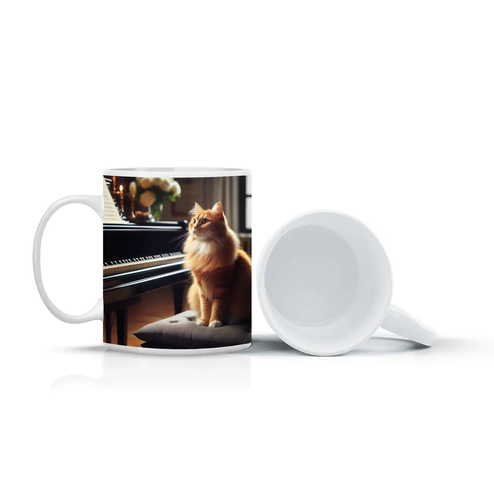 Orange Cat Sitting by Grand Piano – Mugs