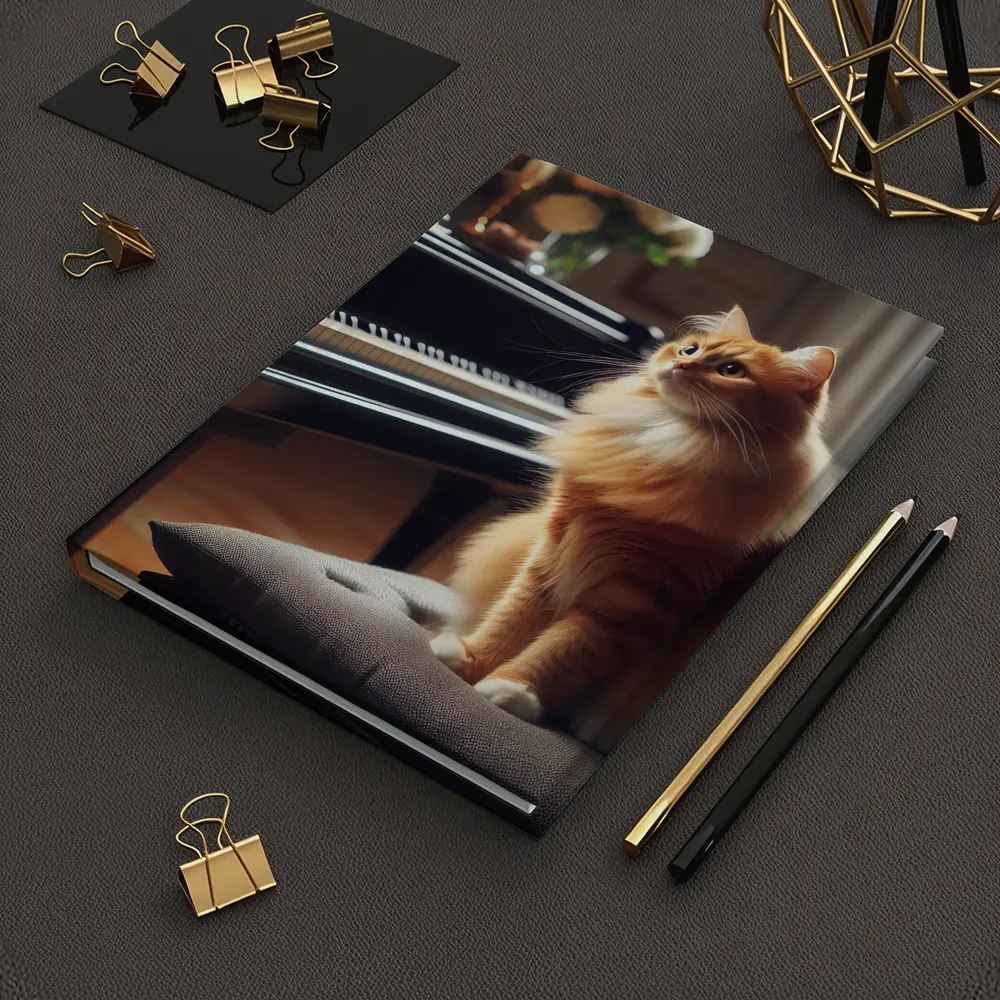 Orange Cat Sitting by Grand Piano – Notebooks