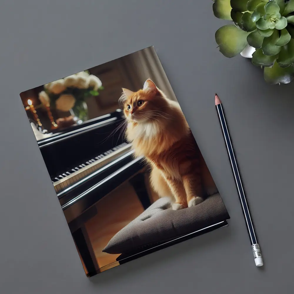 Orange Cat Sitting by Grand Piano – Notebooks