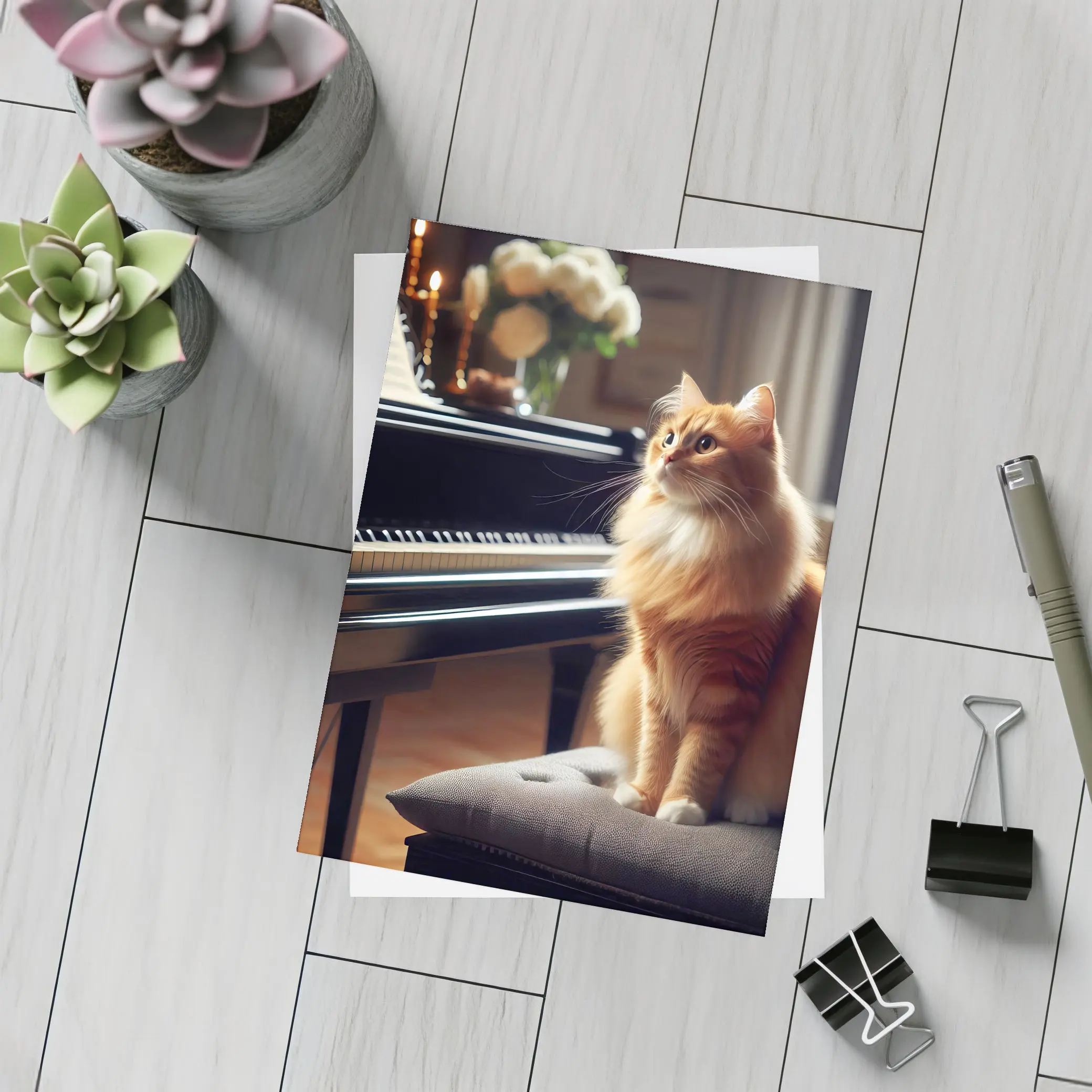 Orange Cat Sitting by Grand Piano – Postcards