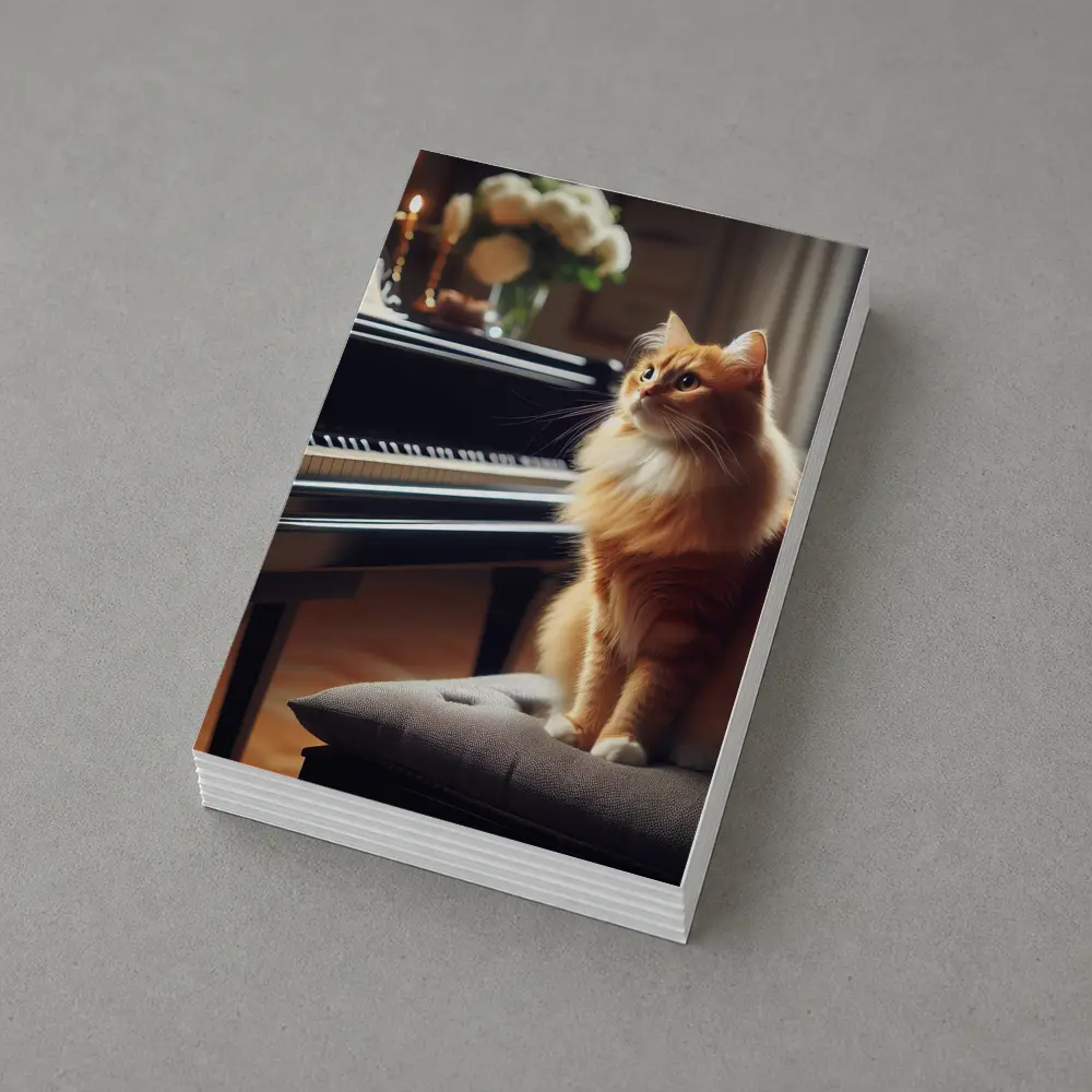 Orange Cat Sitting by Grand Piano – Postcards