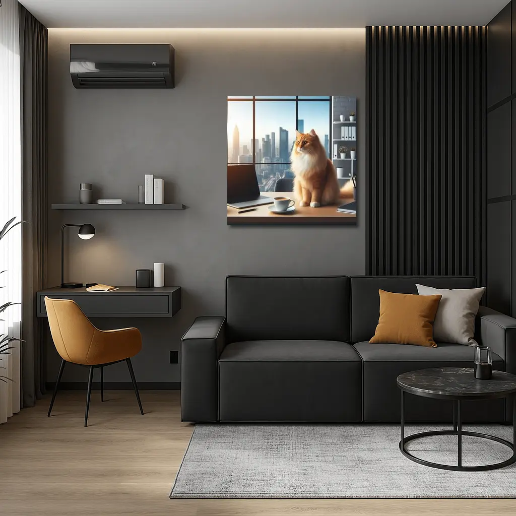 Orange Cat Sitting at Office City View – Wall Art