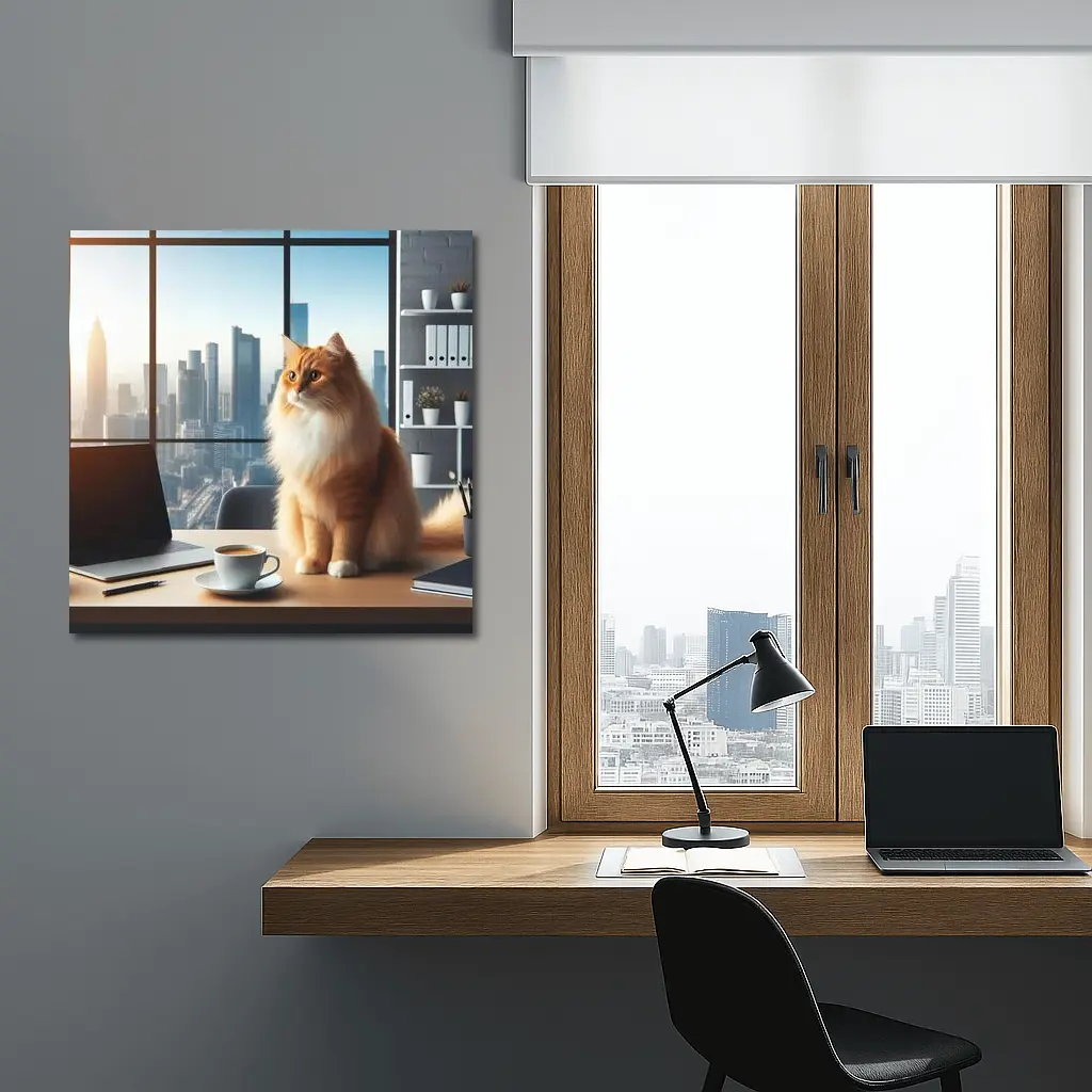 Orange Cat Sitting at Office City View – Wall Art