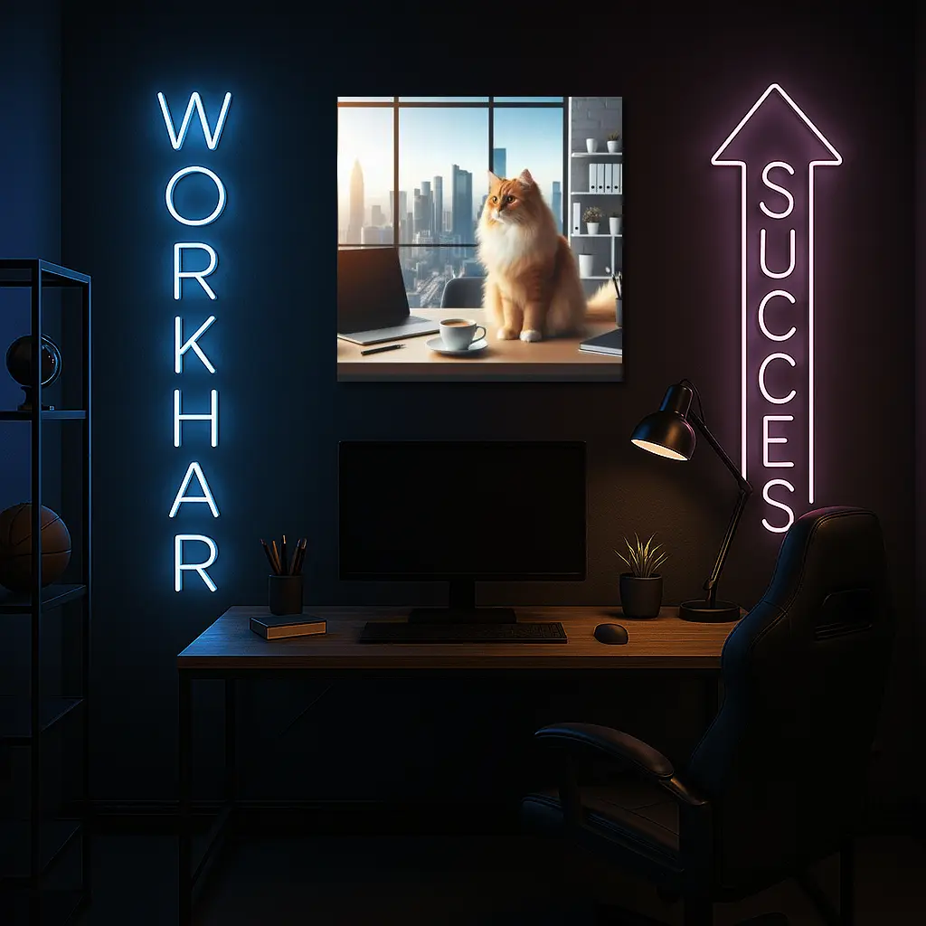 Orange Cat Sitting at Office City View – Wall Art