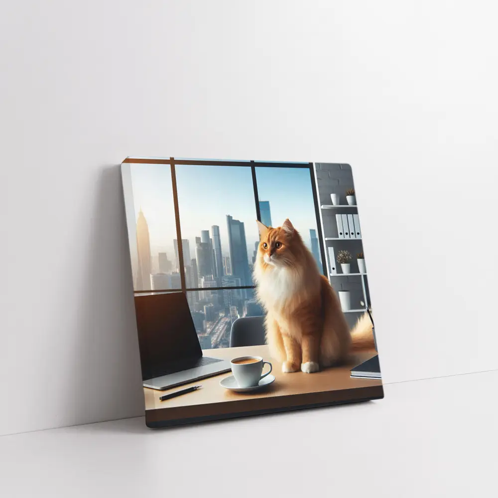 Orange Cat Sitting at Office City View – Wall Art