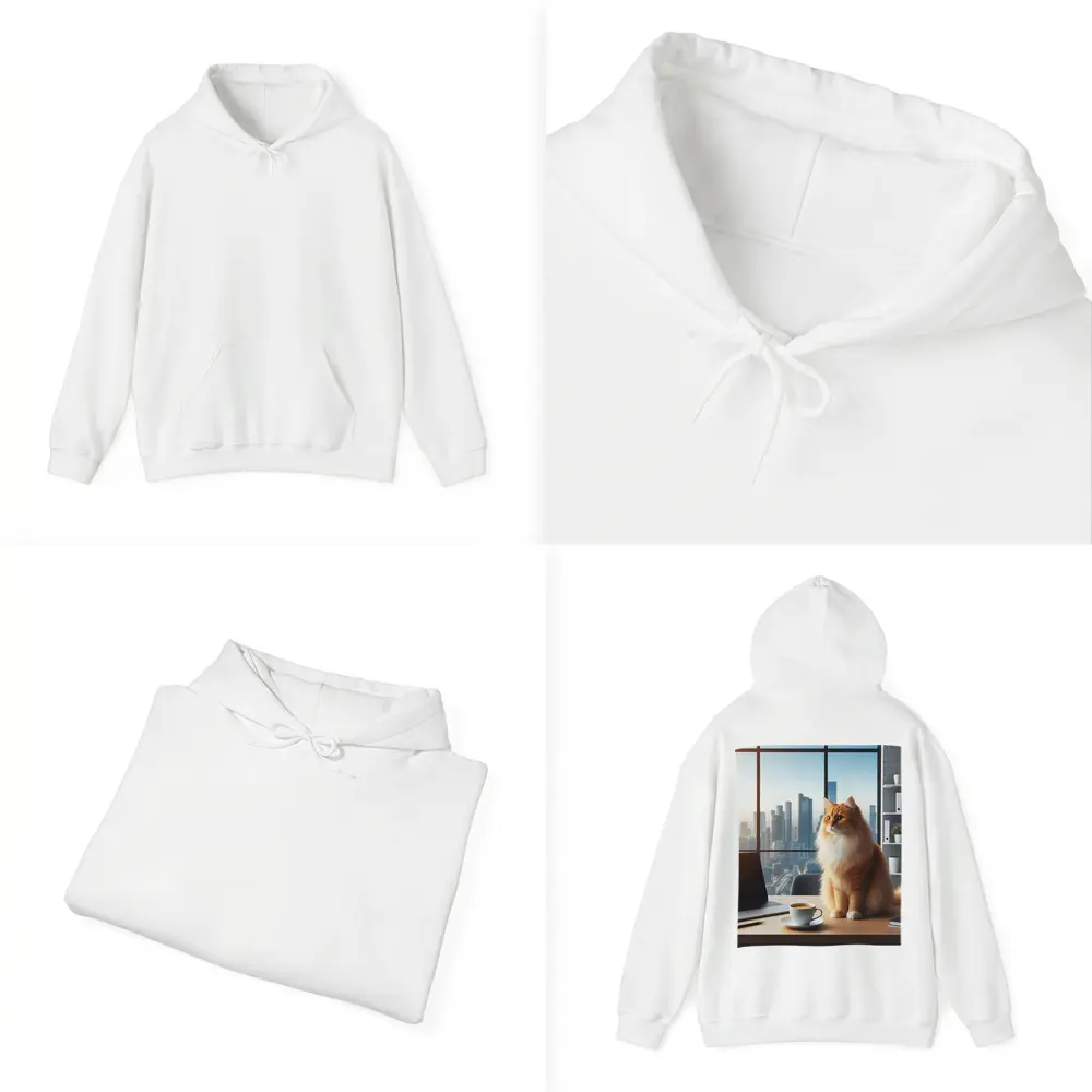 Orange Cat Sitting at Office City View – Hoodies