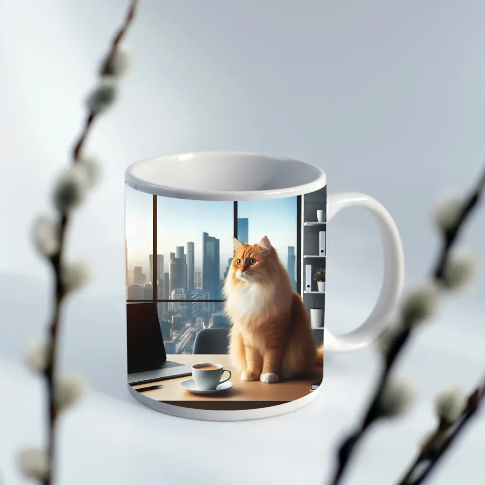 Orange Cat Sitting at Office City View – Mugs