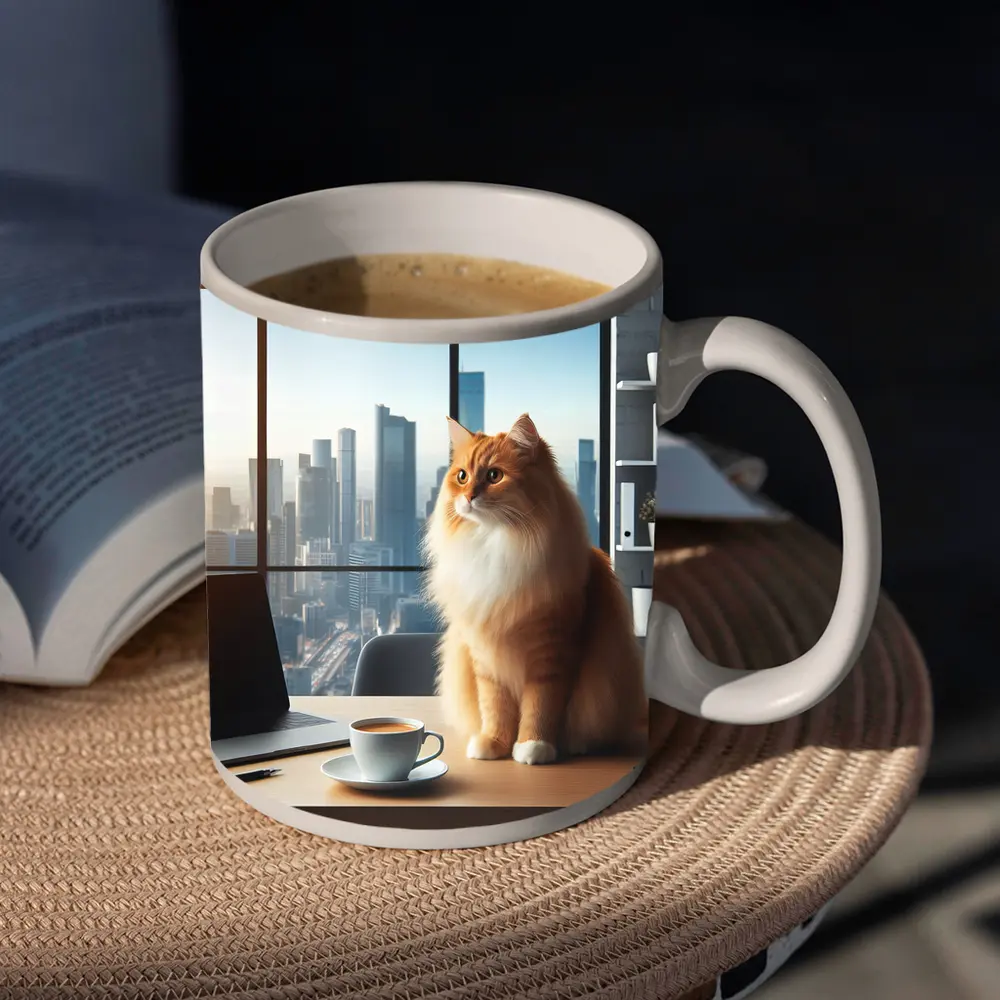 Orange Cat Sitting at Office City View – Mugs