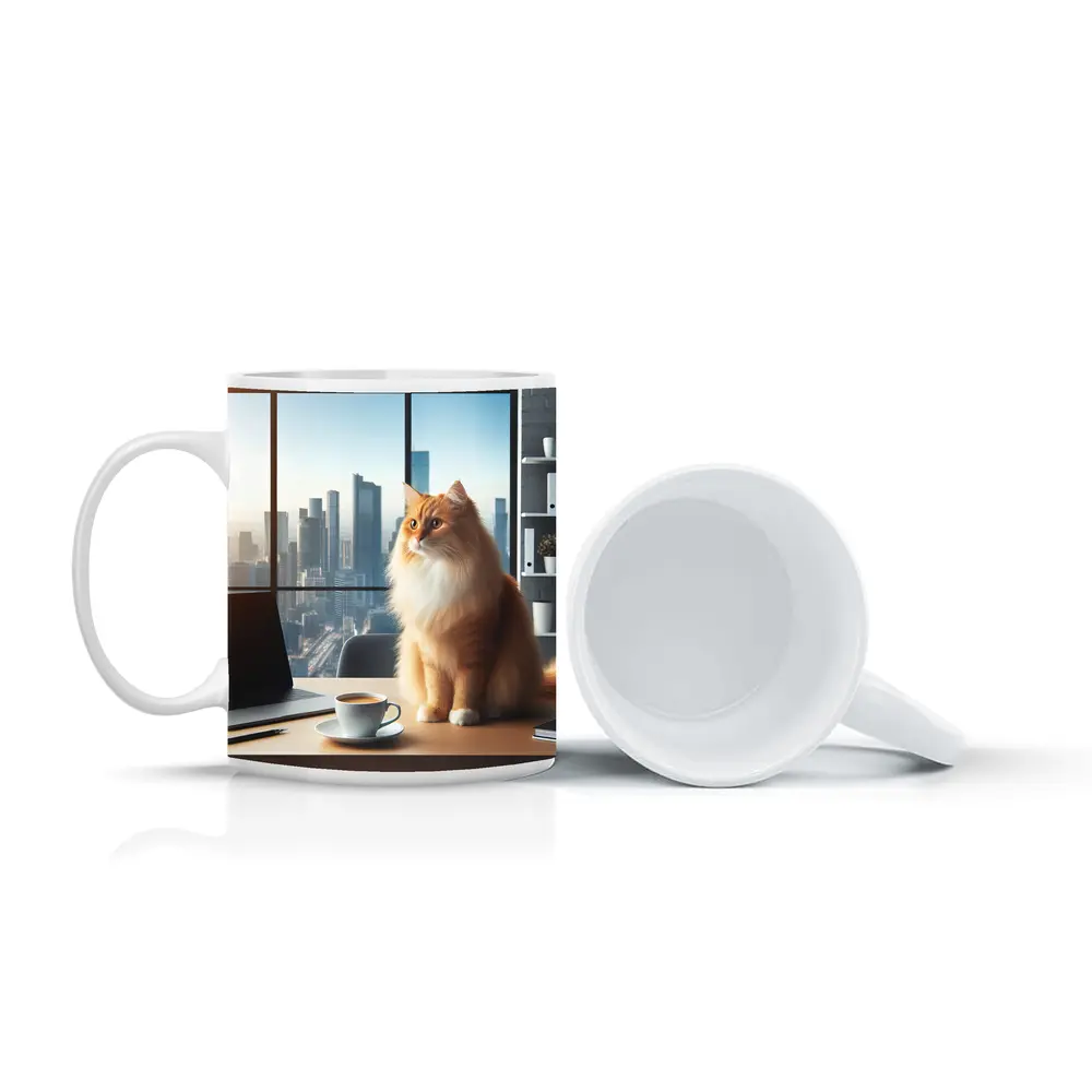 Orange Cat Sitting at Office City View – Mugs