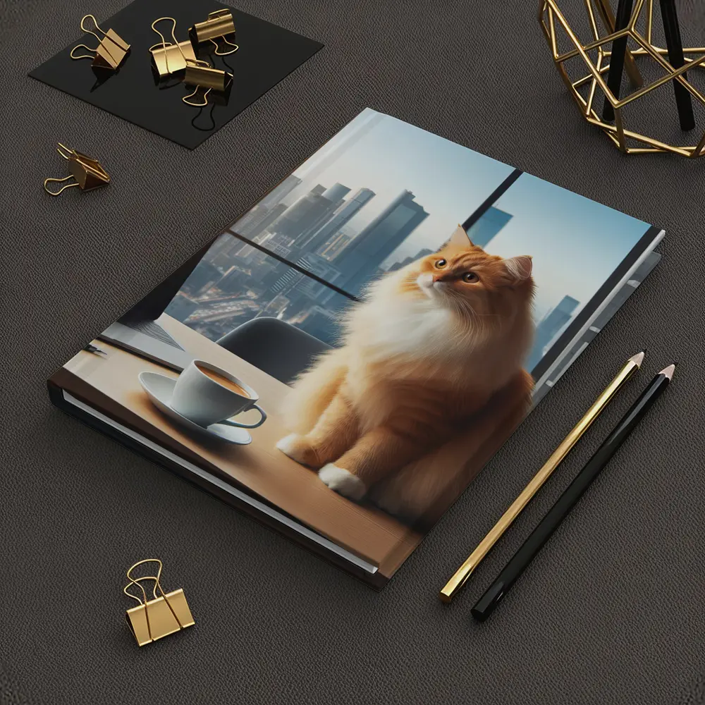 Orange Cat Sitting at Office City View – Notebooks