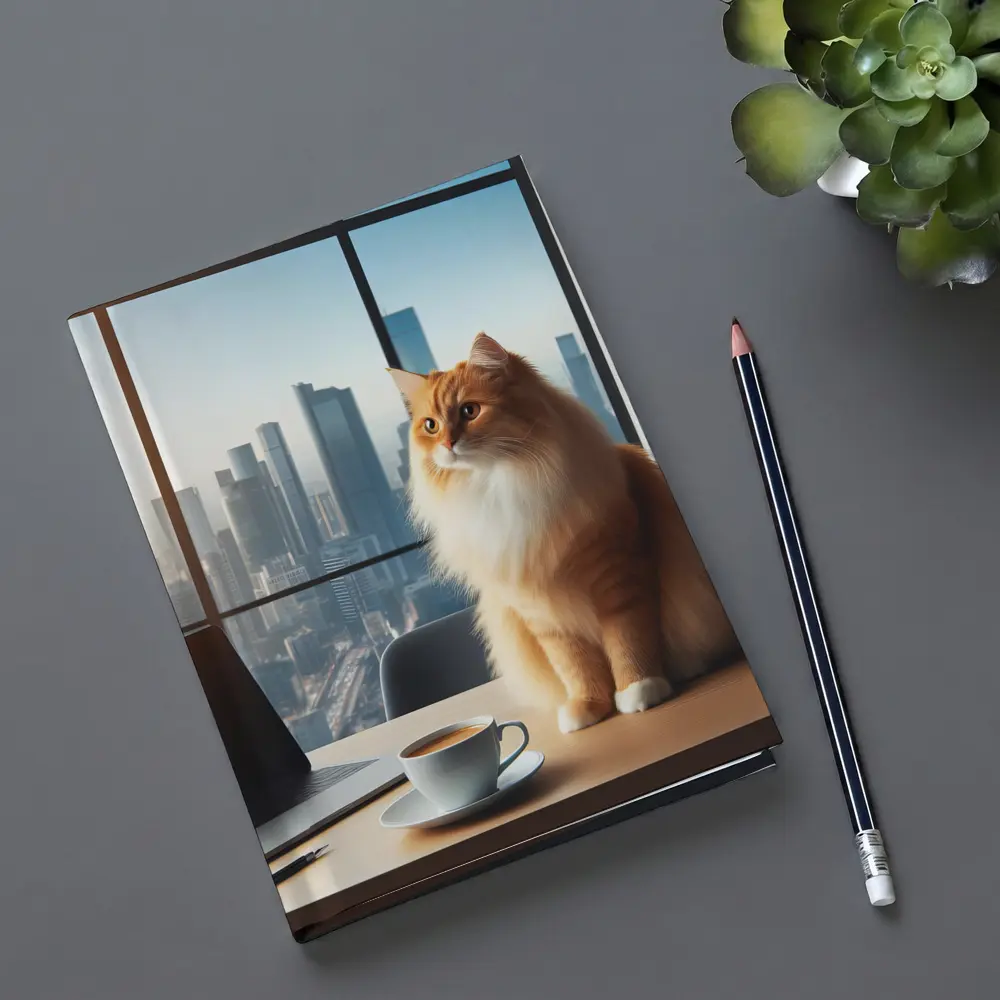 Orange Cat Sitting at Office City View – Notebooks