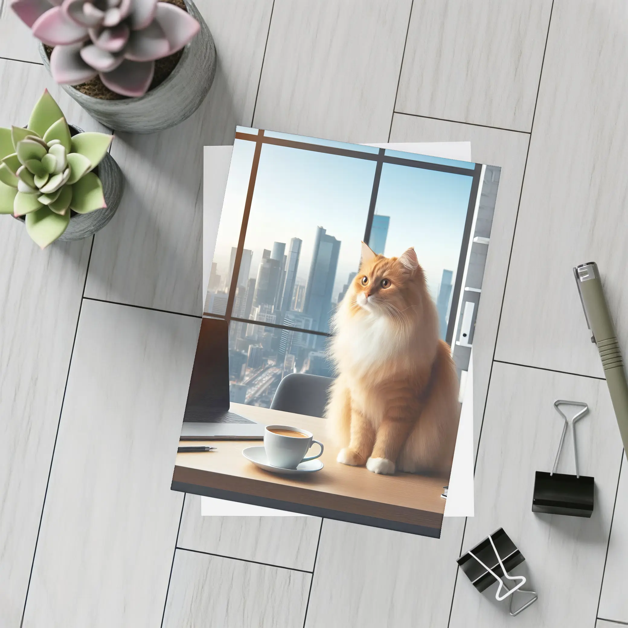 Orange Cat Sitting at Office City View – Postcards