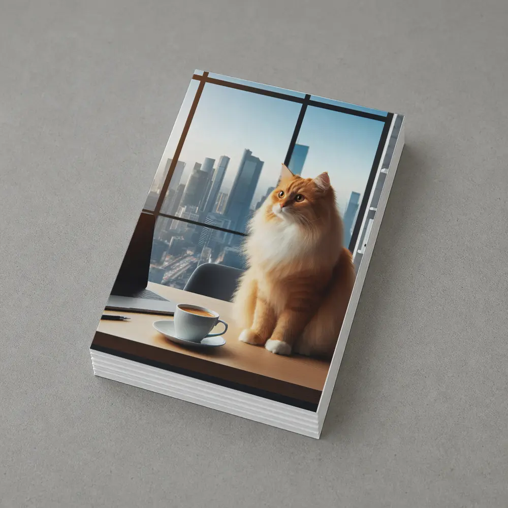 Orange Cat Sitting at Office City View – Postcards