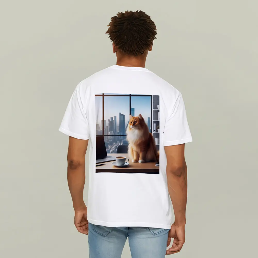 Orange Cat Sitting at Office City View – T-Shirts