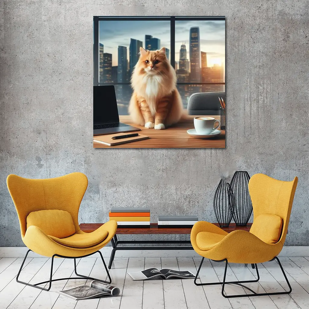 Orange Cat Sitting on Office Desk Cityscape – Wall Art