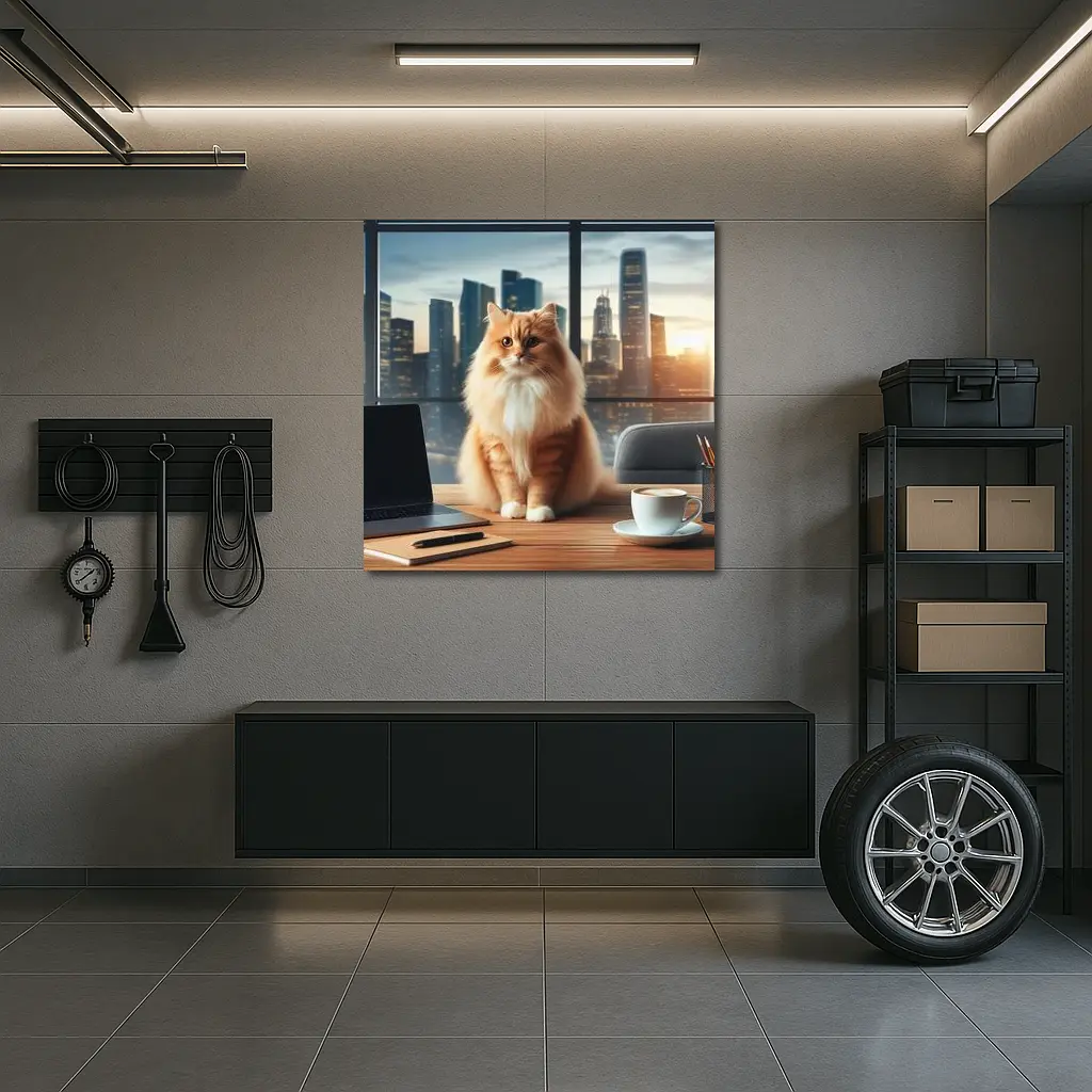 Orange Cat Sitting on Office Desk Cityscape – Wall Art