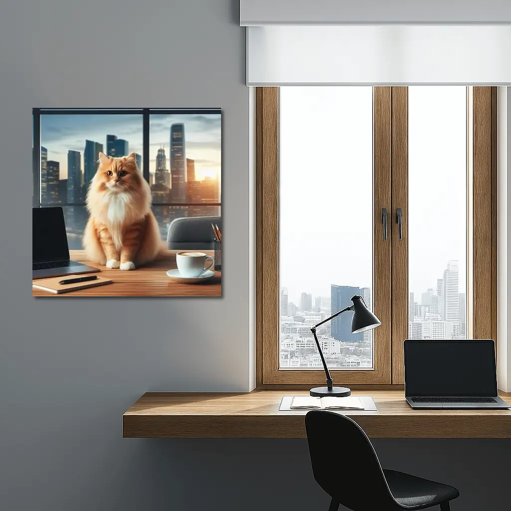 Orange Cat Sitting on Office Desk Cityscape – Wall Art