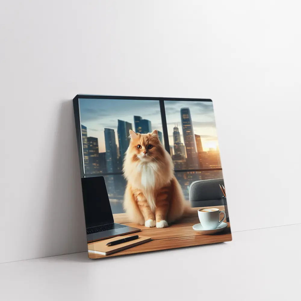 Orange Cat Sitting on Office Desk Cityscape – Wall Art
