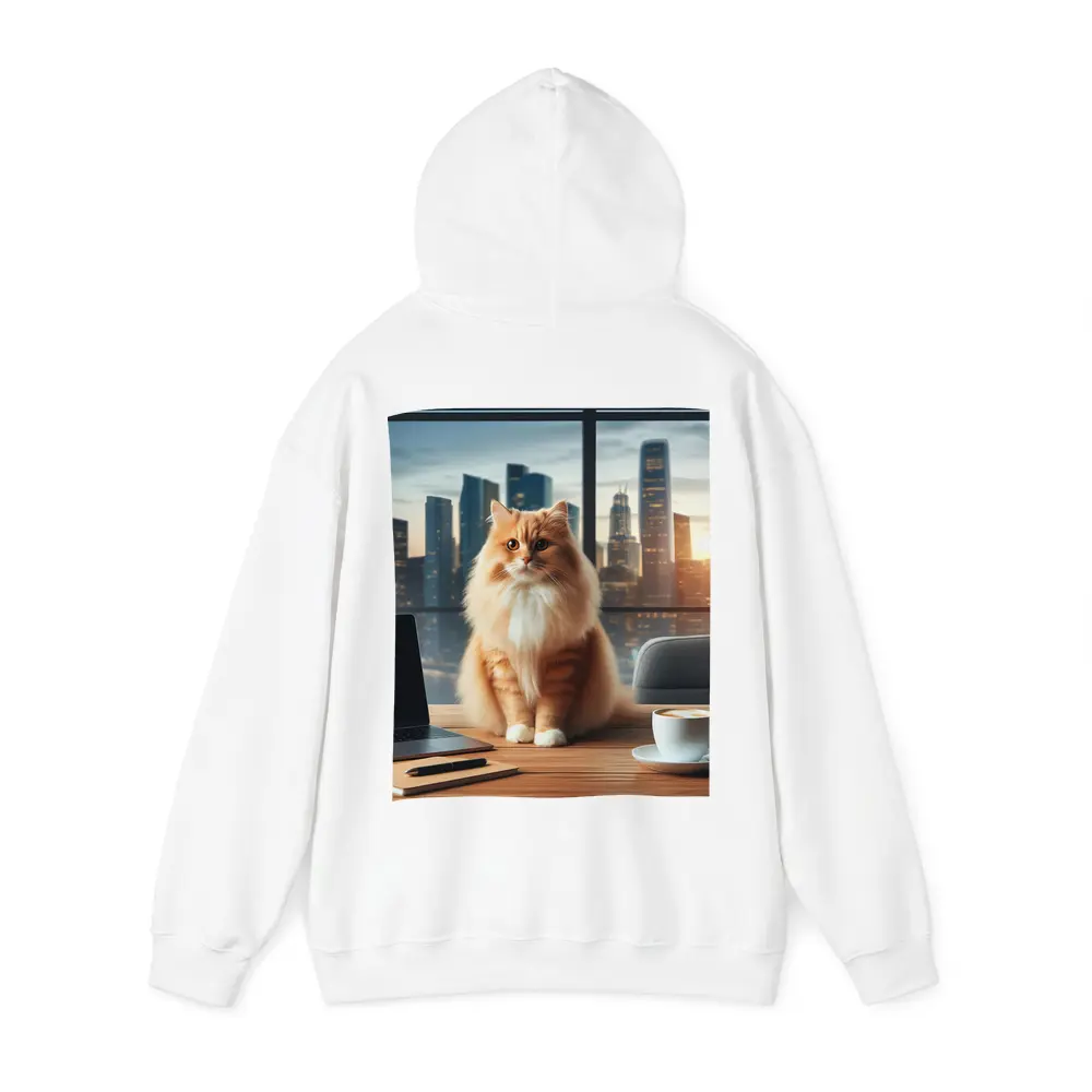 Orange Cat Sitting on Office Desk Cityscape – Hoodies