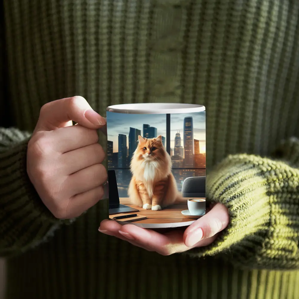 Orange Cat Sitting on Office Desk Cityscape – Mugs
