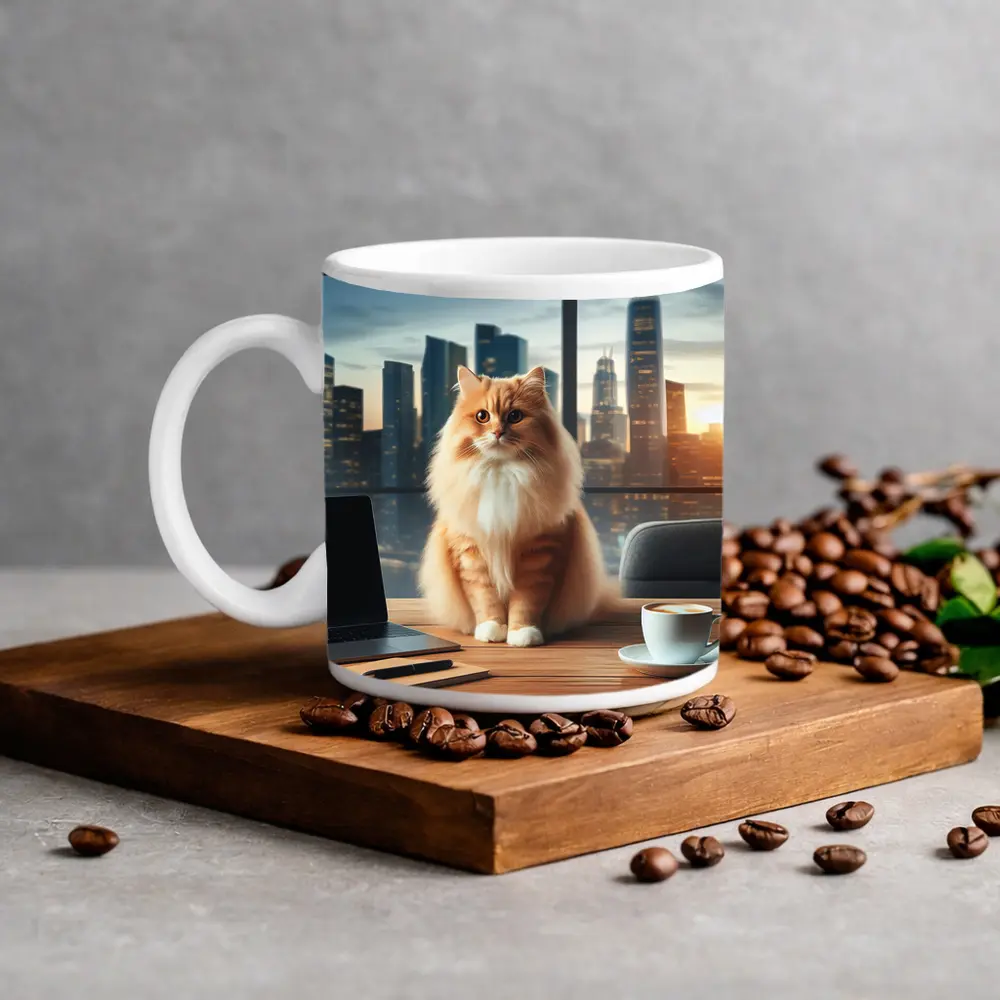 Orange Cat Sitting on Office Desk Cityscape – Mugs